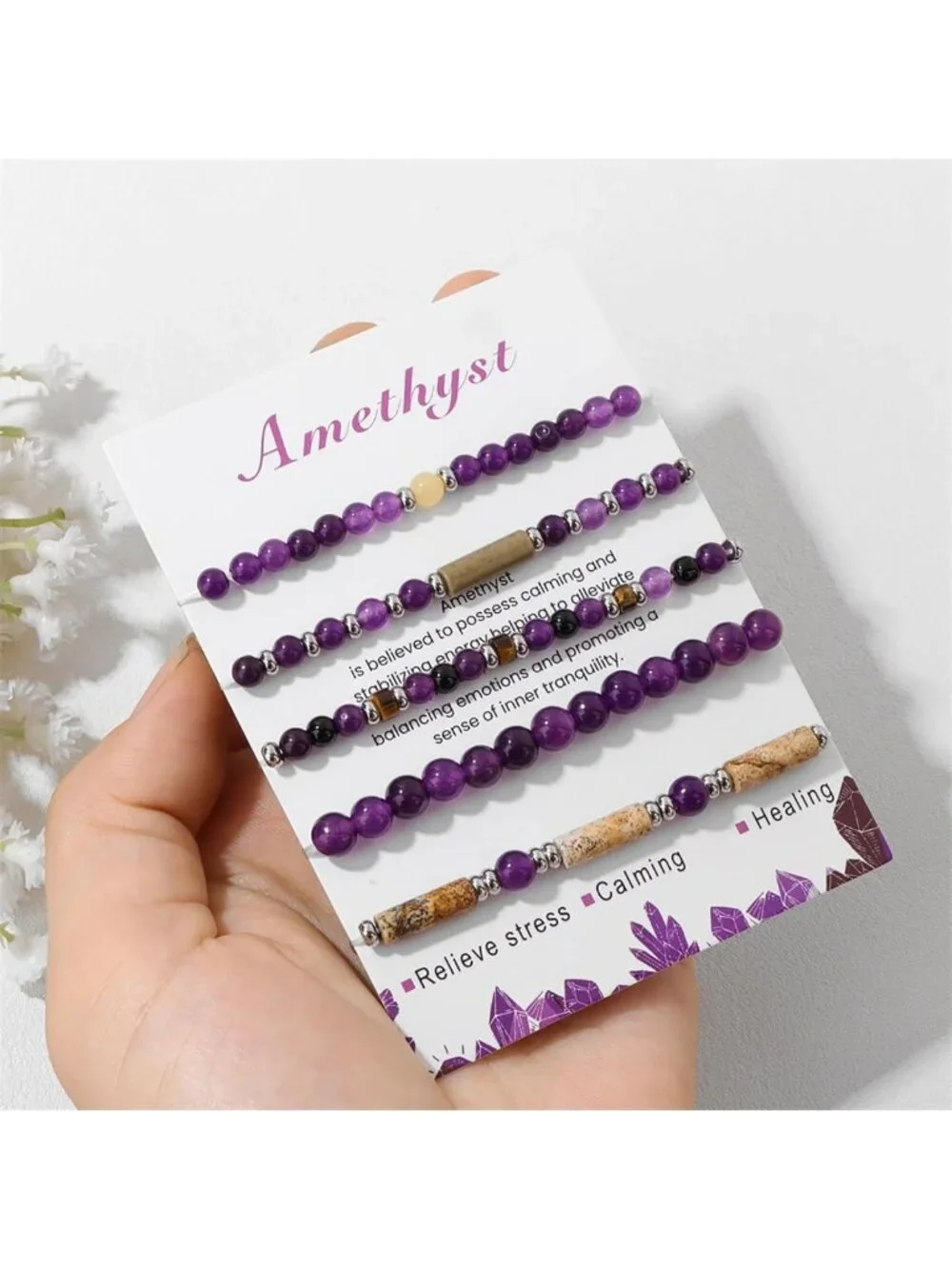 5Pcs Stackable Crystal Bracelets Set - Natural Stone Healing Beaded Jewelry